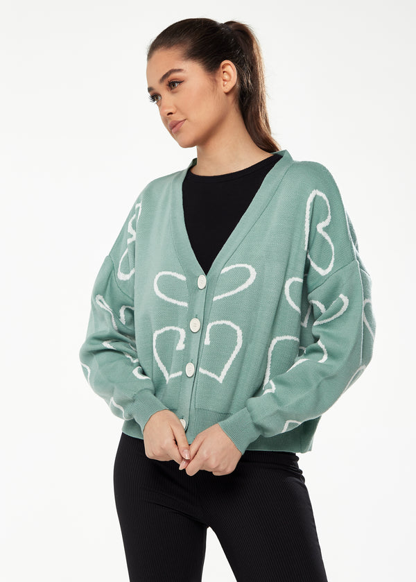 Liquorish Women's Green & White Heart Pattern Cardigan With Long Sleeves Cozy Fit - Liquorish