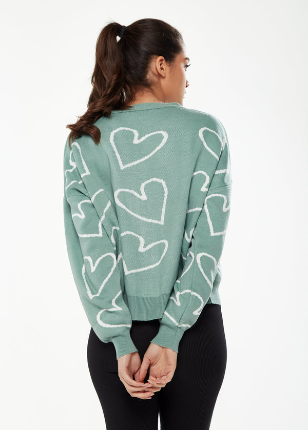 Liquorish Women's Green & White Heart Pattern Cardigan With Long Sleeves Cozy Fit - Liquorish