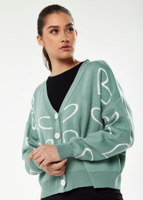 Liquorish Women's Green & White Heart Pattern Cardigan With Long Sleeves Cozy Fit - Liquorish