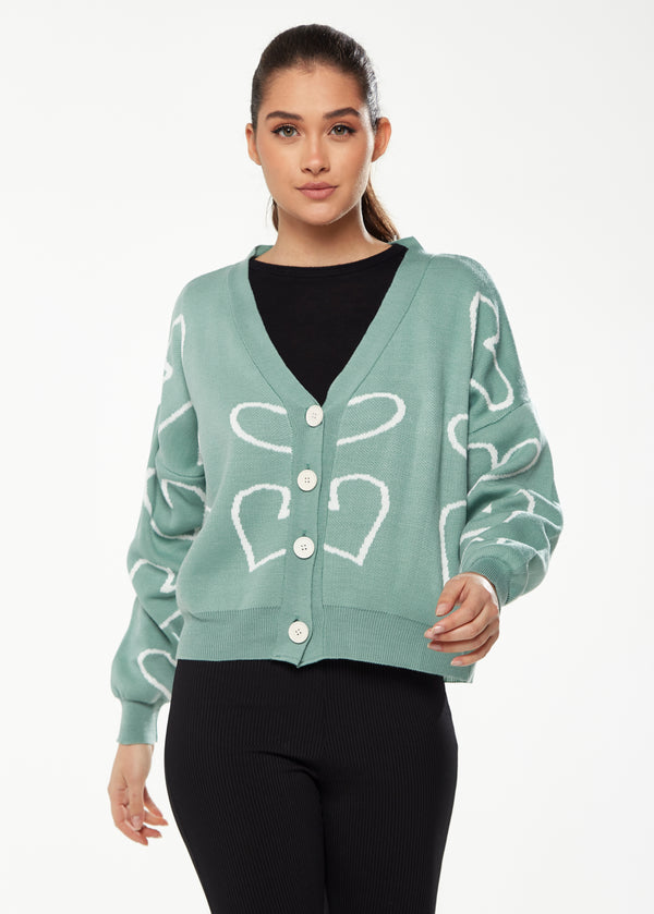 Liquorish Women's Green & White Heart Pattern Cardigan with Long Sleeves Cozy Fit - Liquorish