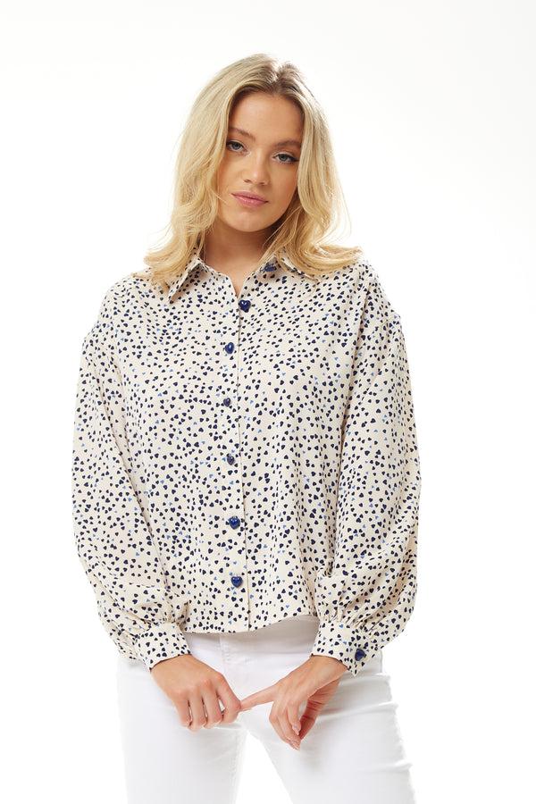Liquorish Women's Heart Print Shirt In Cream - Navy Hearts Button-up Front Heart-shaped Buttons Collar Long Sleeves Regular Fit