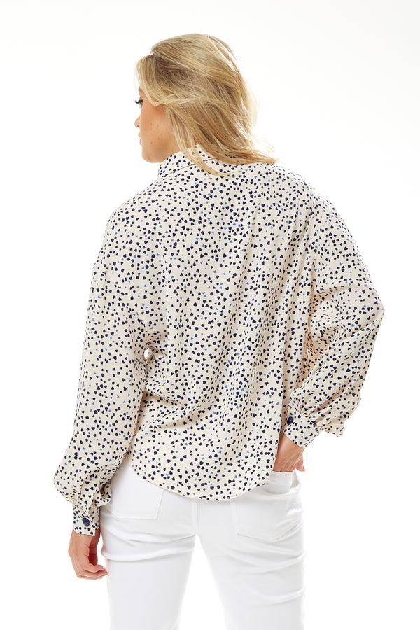 Liquorish Women's Heart Print Shirt In Cream - Navy Hearts Button-up Front Heart-shaped Buttons Collar Long Sleeves Regular Fit