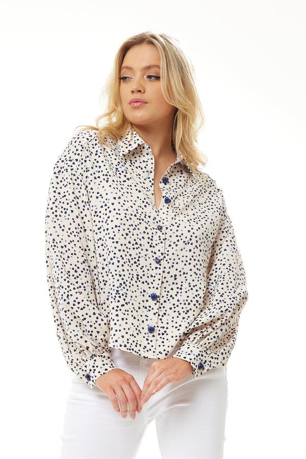 Liquorish Women's Heart Print Shirt in Cream - Navy hearts button-up front heart-shaped buttons collar long sleeves regular fit