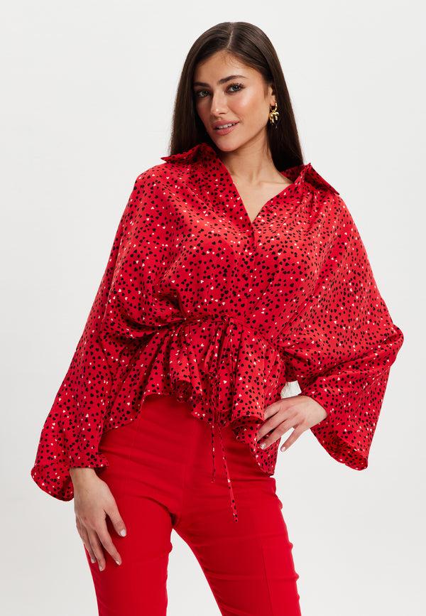 Liquorish Women’s Heart Print Shirt With Long Sleeves Tie Waist Shirt Collar Regular Fit Button Up Front