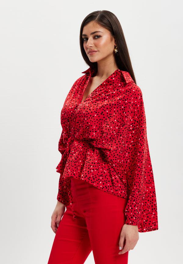 Liquorish Women’s Heart Print Shirt With Long Sleeves Tie Waist Shirt Collar Regular Fit Button Up Front