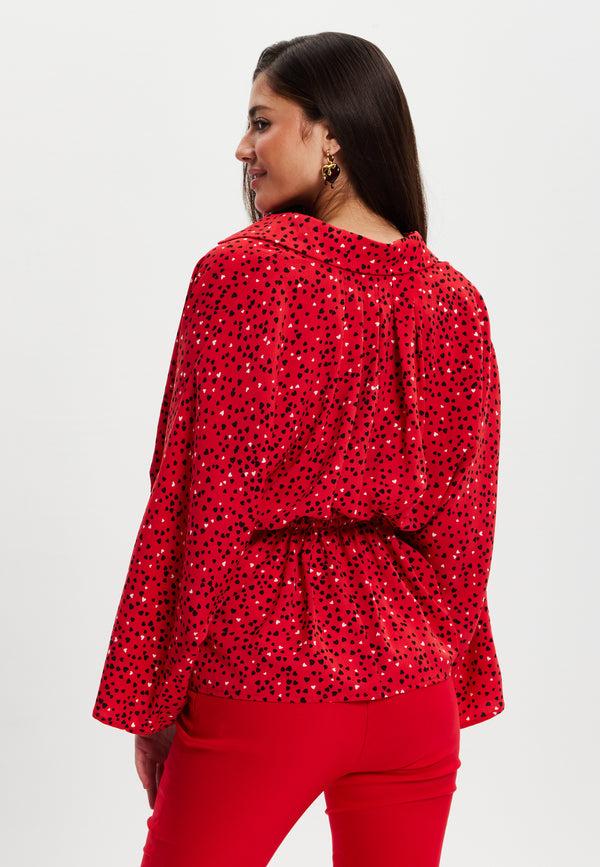 Liquorish Women’s Heart Print Shirt With Long Sleeves Tie Waist Shirt Collar Regular Fit Button Up Front