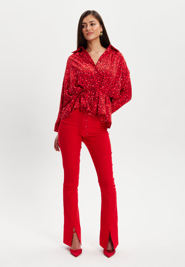 Liquorish Women’s Heart Print Shirt with Long Sleeves Tie Waist Shirt Collar Regular Fit Button Up Front