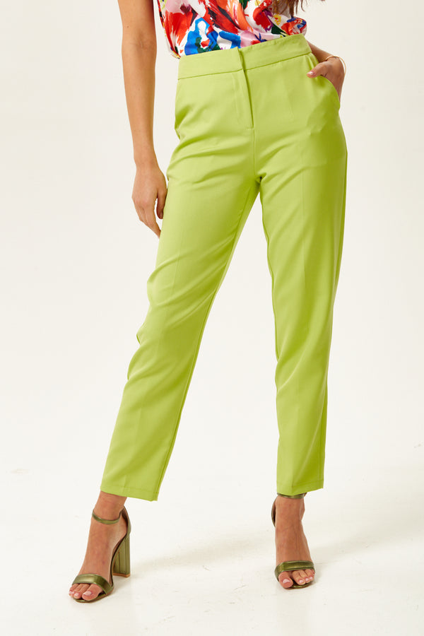 Liquorish Women's High-Rise Fluo Green Straight Fit Trousers With Pockets - True To Size 100% Polyester Liquorish