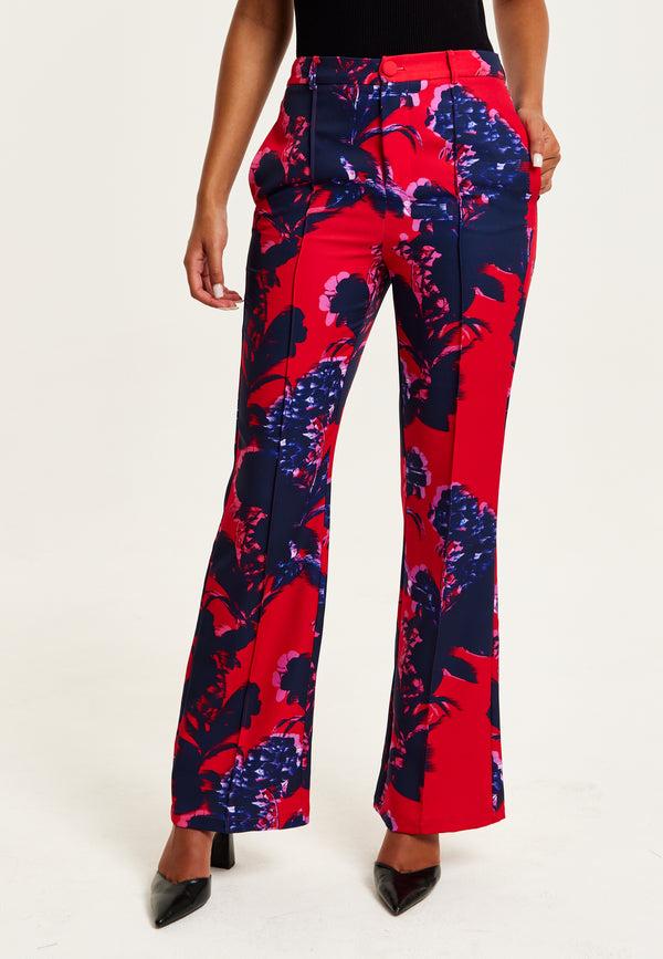 Liquorish Women's High Rise Wide Leg Red Floral Print Trousers - Part Of Co-Ord Set Zip-Front Fastening Liquorish