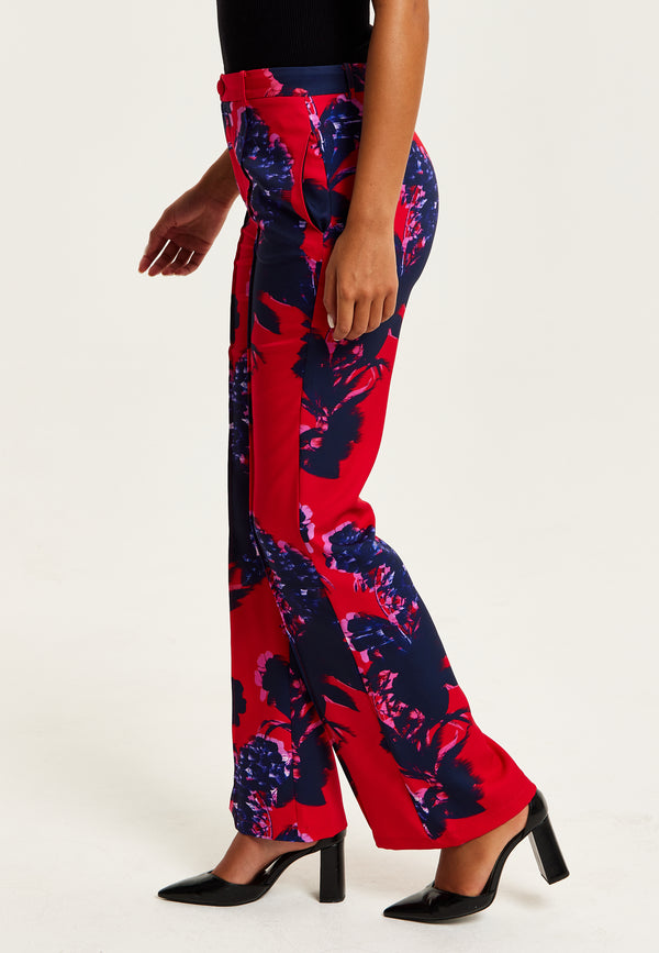 Liquorish Women's High Rise Wide Leg Red Floral Print Trousers - Part Of Co-Ord Set Zip-Front Fastening Liquorish