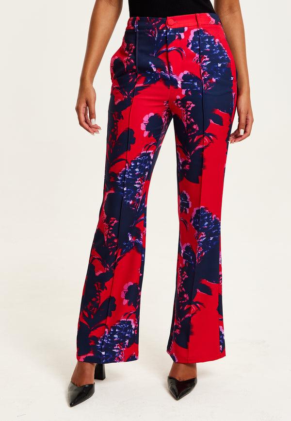 Liquorish Women's High Rise Wide Leg Red Floral Print Trousers - Part of Co-Ord Set Zip-Front Fastening Liquorish