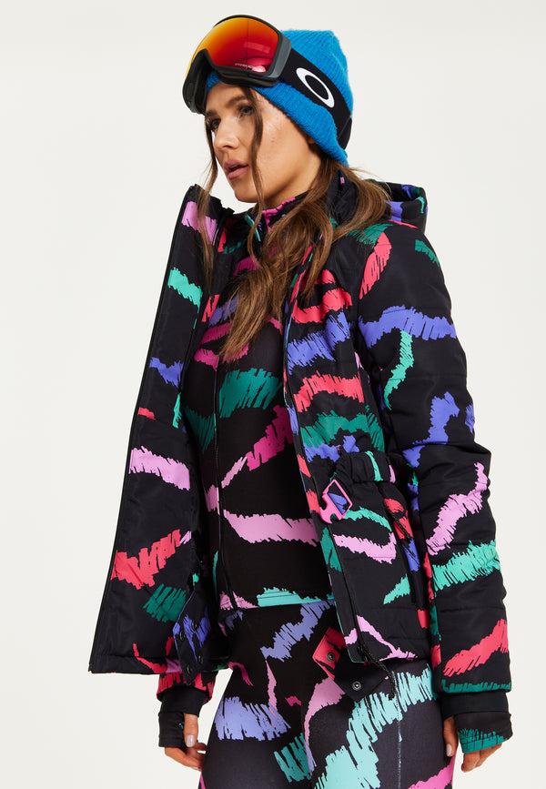 Liquorish Women’s Jacket In Black Abstract Print With Thumbhole Cuffs And Adjustable Toggle Collar By Liquorish