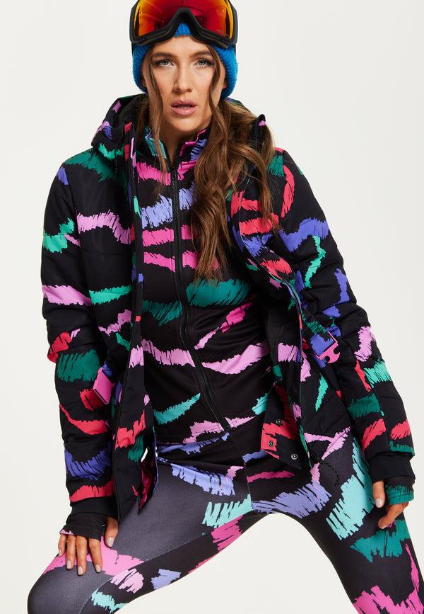 Liquorish Women’s Jacket in Black Abstract Print with Thumbhole Cuffs and Adjustable Toggle Collar by Liquorish