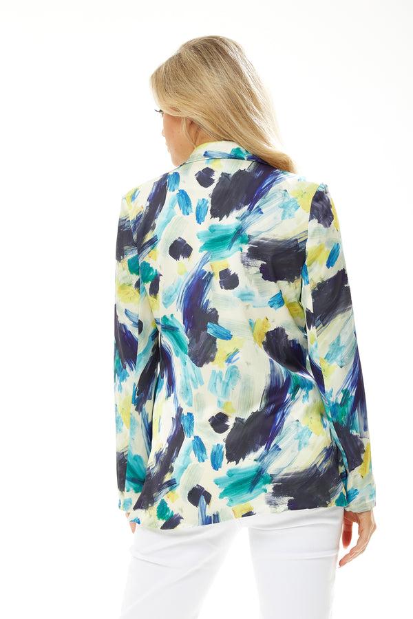 Liquorish Women's Jacket - Multicolour Abstract Print Blazer With Padded Shoulders And Side Pockets Relaxed Fit Liquorish