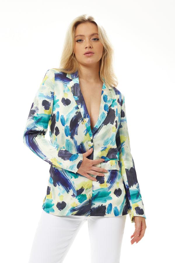 Liquorish Women's Jacket - Multicolour Abstract Print Blazer with Padded Shoulders and Side Pockets Relaxed Fit Liquorish