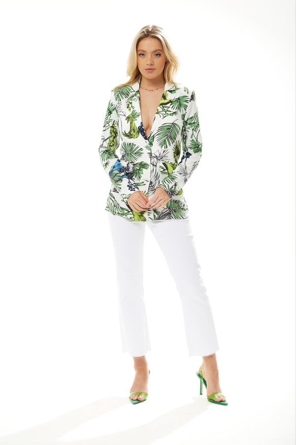 Liquorish Women's Jacket with Padded Shoulders Relaxed Fit Floral Print in White - Liquorish