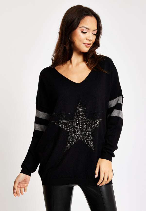Liquorish Women's Jumper Black Long Sleeve With Sparkly Star & Stripes V-Neck And Exposed Metal Zip By Liquorish