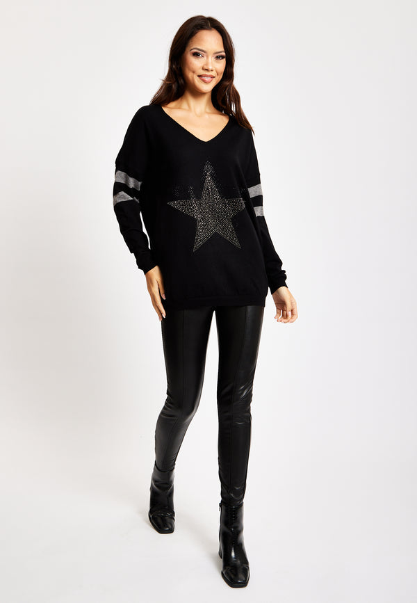 Liquorish Women's Jumper Black Long Sleeve With Sparkly Star & Stripes V-Neck And Exposed Metal Zip By Liquorish