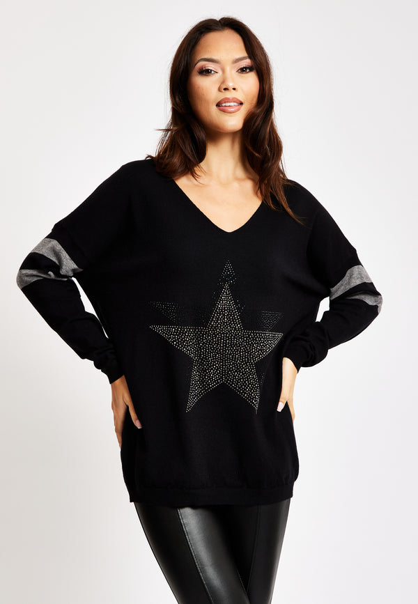 Liquorish Women's Jumper Black Long Sleeve with Sparkly Star & Stripes V-Neck and Exposed Metal Zip by Liquorish