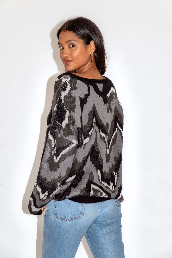 Liquorish Women's Jumper In Abstract Grey Tones With Long Sleeves And Black Contrast Ribs By Liquorish