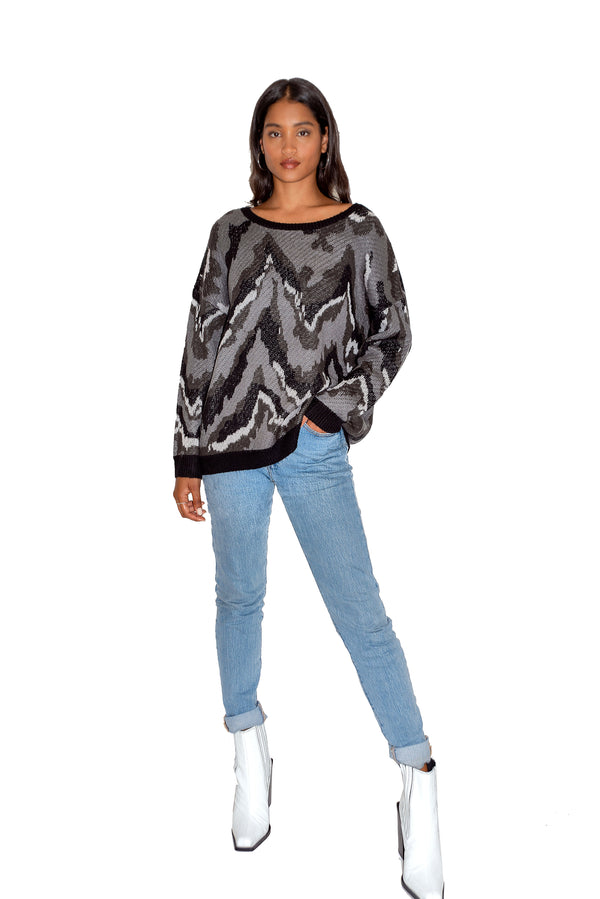 Liquorish Women's Jumper in Abstract Grey Tones with Long Sleeves and Black Contrast Ribs by Liquorish