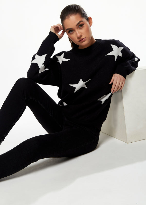 Liquorish Women's Jumper In Black & White With Full-Length Sleeves And Uplifting Star Pattern By Liquorish