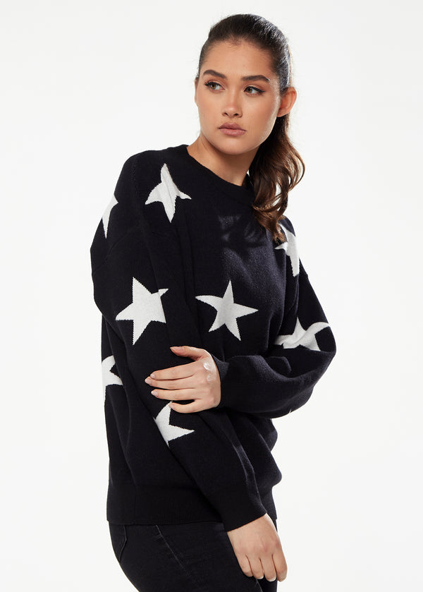 Liquorish Women's Jumper In Black & White With Full-Length Sleeves And Uplifting Star Pattern By Liquorish