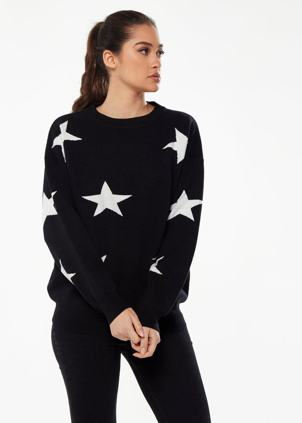 Liquorish Women's Jumper in Black & White with Full-Length Sleeves and Uplifting Star Pattern by Liquorish
