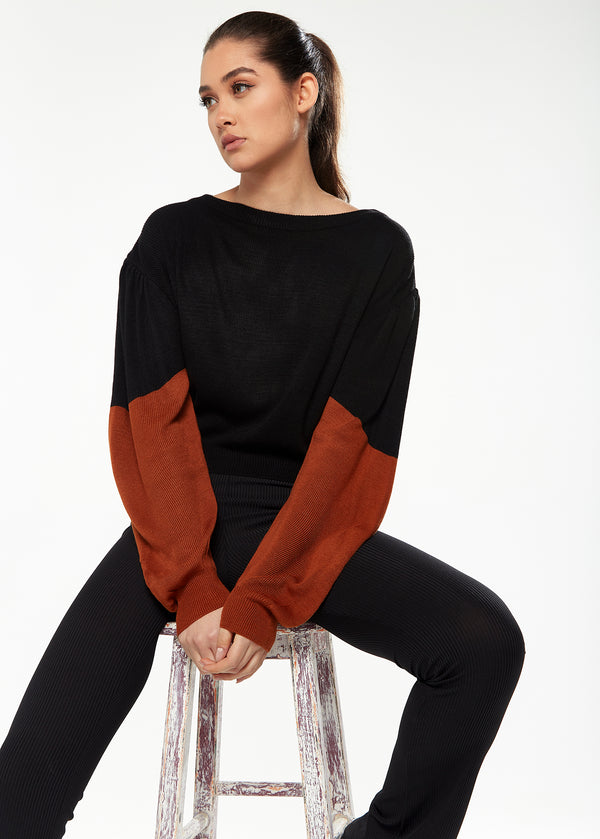 Liquorish Women's Jumper In Black With Brown Contrast Balloon Sleeves Cropped Length - Liquorish