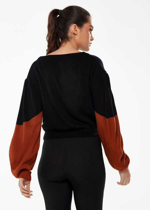 Liquorish Women's Jumper In Black With Brown Contrast Balloon Sleeves Cropped Length - Liquorish