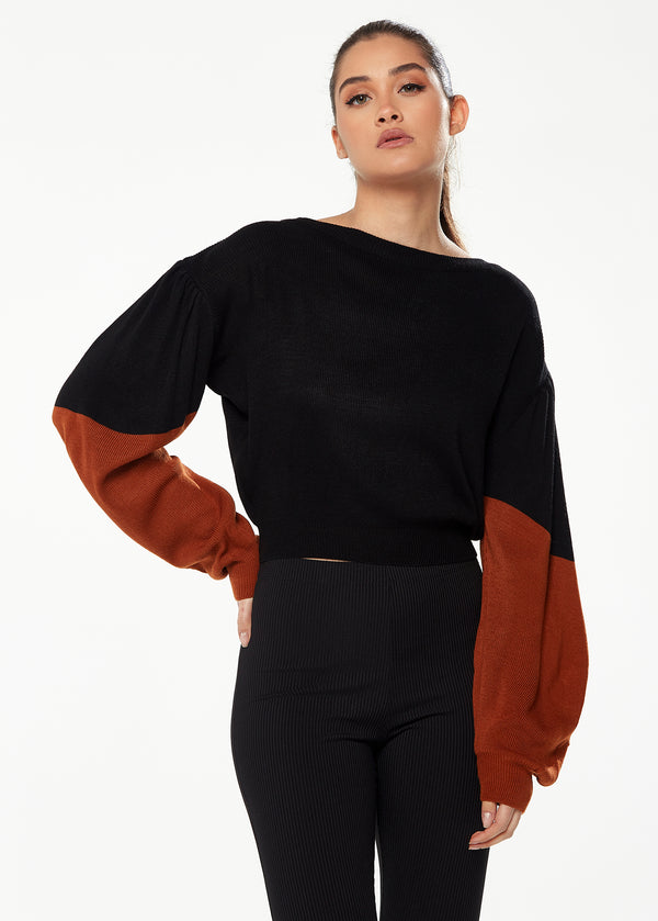 Liquorish Women's Jumper in Black with Brown Contrast Balloon Sleeves Cropped Length - Liquorish
