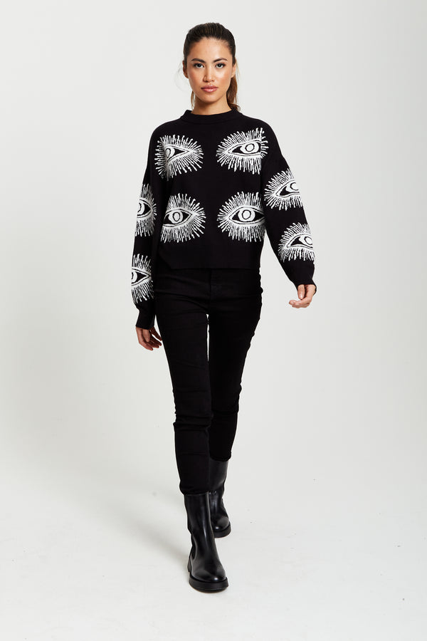 Liquorish Women's Jumper In Black With Long Sleeves And Eye Pattern Design By Liquorish
