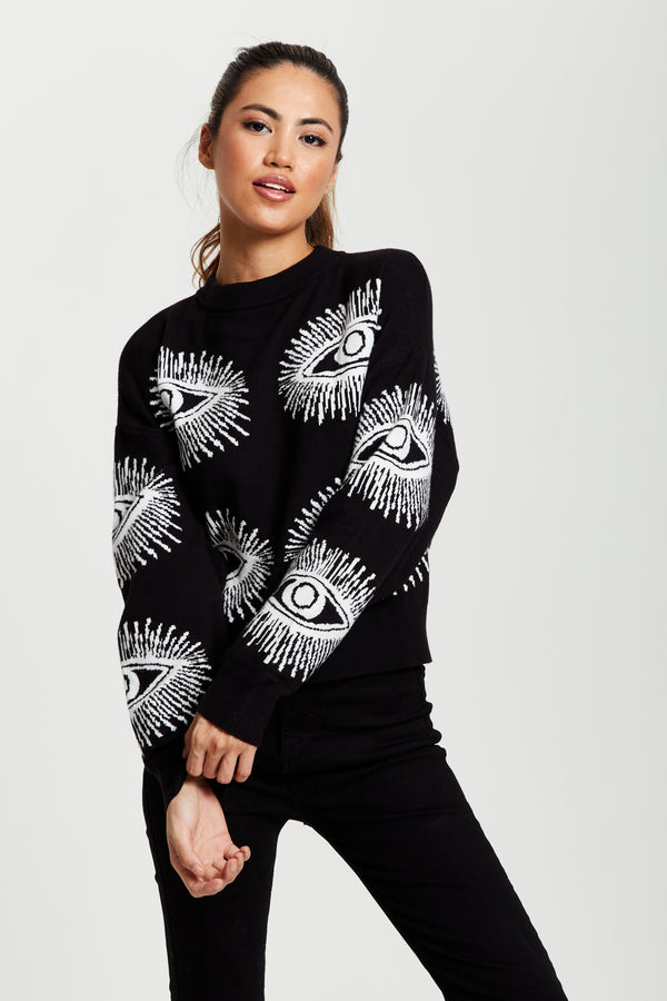 Liquorish Women's Jumper In Black With Long Sleeves And Eye Pattern Design By Liquorish