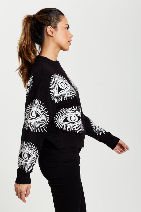 Liquorish Women's Jumper In Black With Long Sleeves And Eye Pattern Design By Liquorish