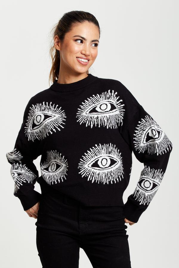 Liquorish Women's Jumper in Black with Long Sleeves and Eye Pattern Design by Liquorish