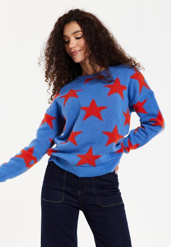 Liquorish Women's Jumper In Blue With Full-Length Sleeves And Unique Red Star Pattern