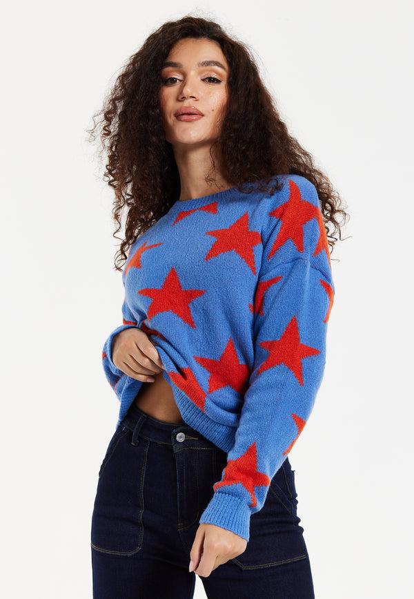 Liquorish Women's Jumper In Blue With Full-Length Sleeves And Unique Red Star Pattern