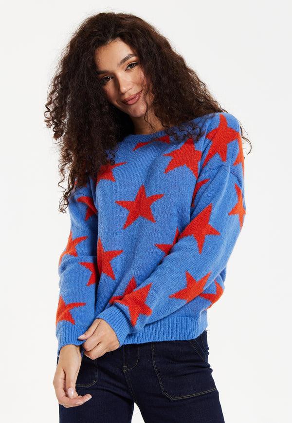 Liquorish Women's Jumper In Blue With Full-Length Sleeves And Unique Red Star Pattern