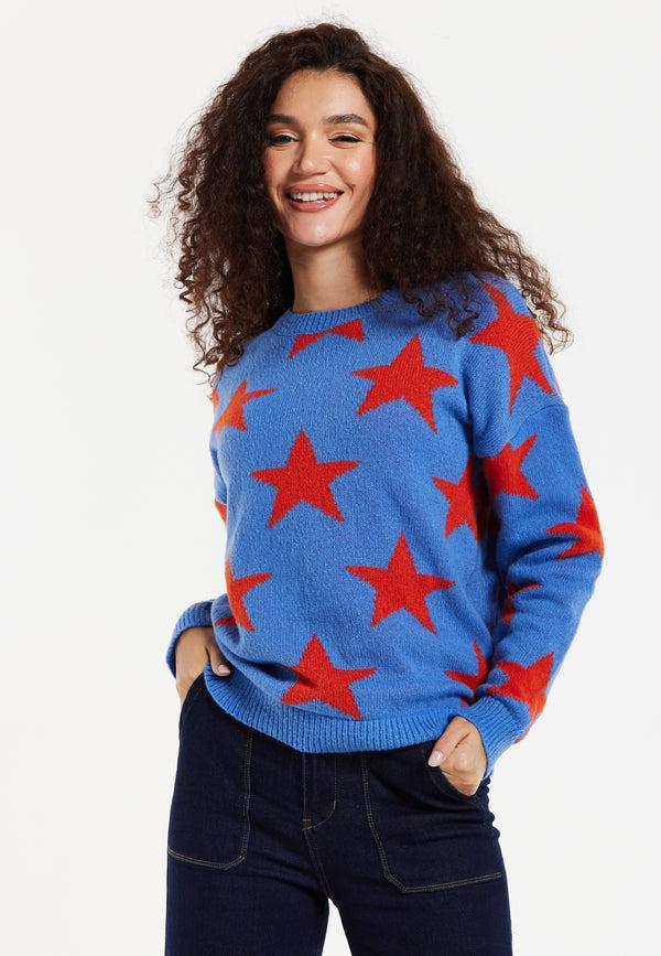 Liquorish Women's Jumper in Blue with Full-Length Sleeves and Unique Red Star Pattern