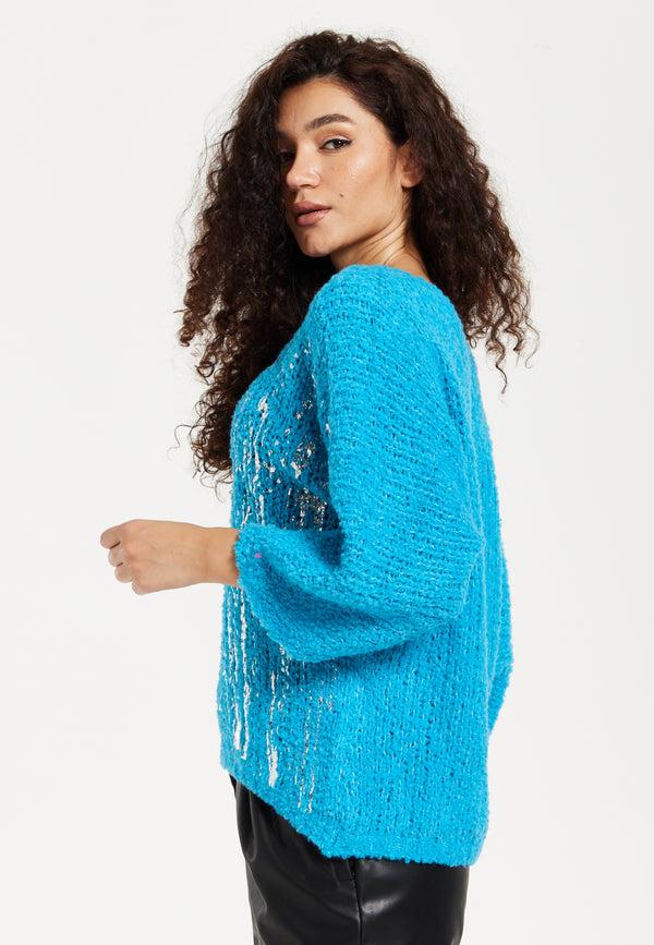 Liquorish Women's Jumper In Blue With Loose Knit Design Wide Sleeves & Metallic Detail For Effortless Style