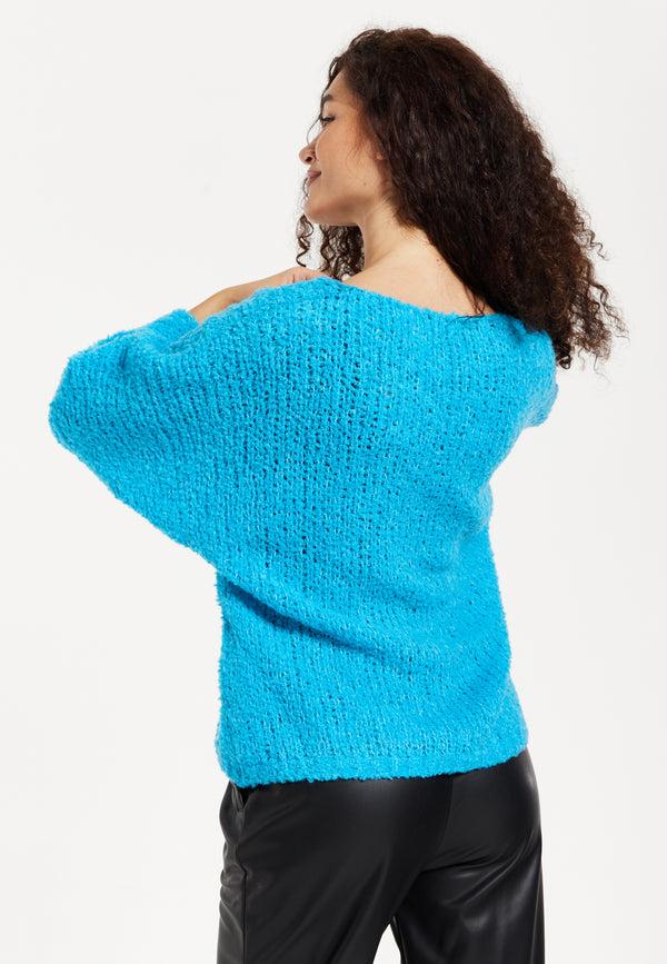 Liquorish Women's Jumper In Blue With Loose Knit Design Wide Sleeves & Metallic Detail For Effortless Style