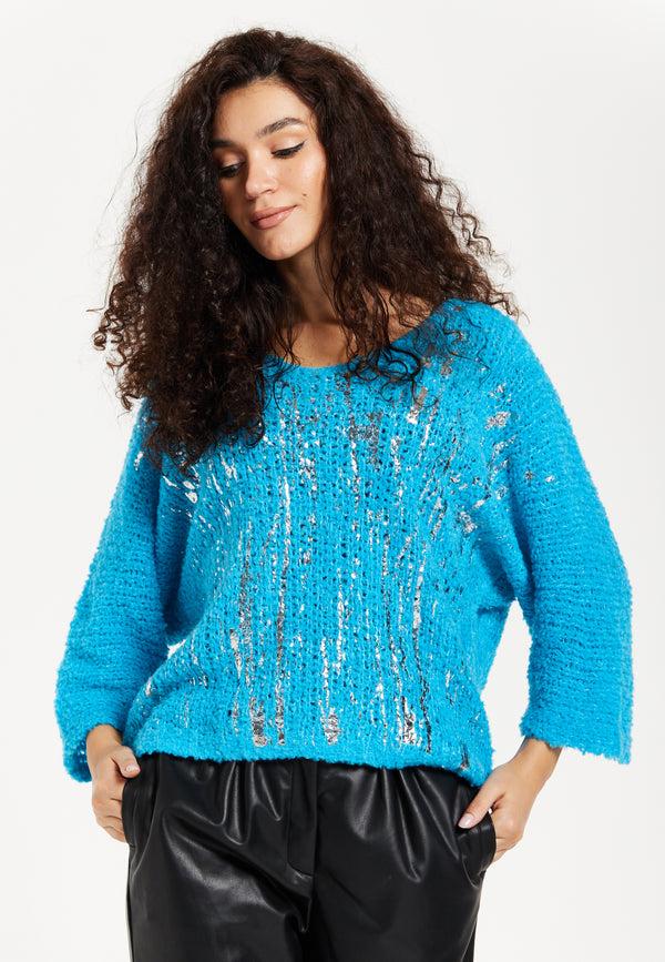 Liquorish Women's Jumper in Blue with Loose Knit Design Wide Sleeves & Metallic Detail for Effortless Style