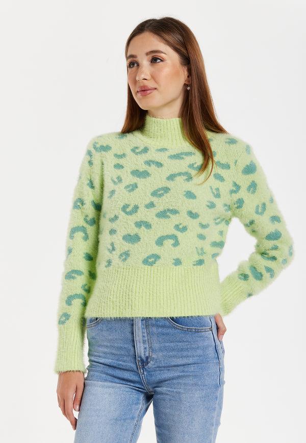 Liquorish Women's Jumper In Green With Fluffy Texture Leopard Print Turtle Neck And Long Sleeves - Regular Fit
