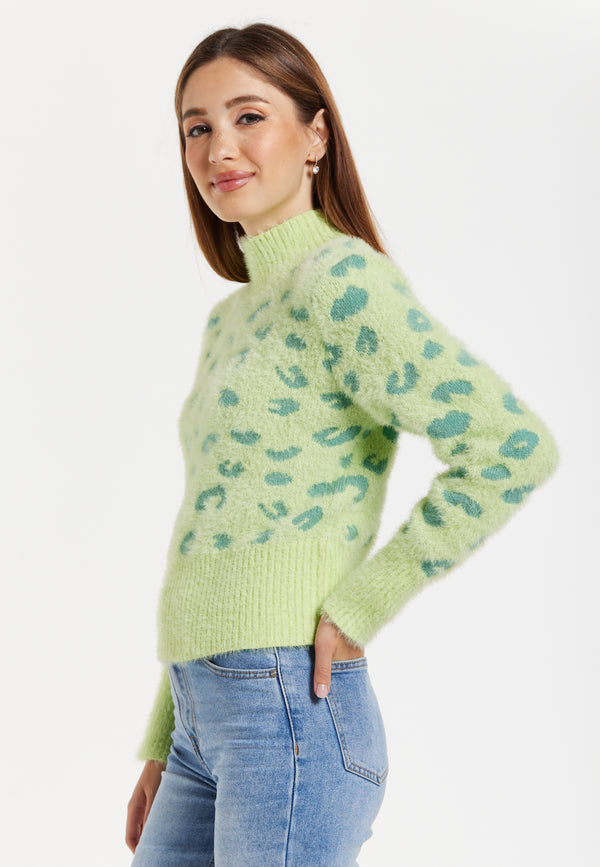 Liquorish Women's Jumper In Green With Fluffy Texture Leopard Print Turtle Neck And Long Sleeves - Regular Fit
