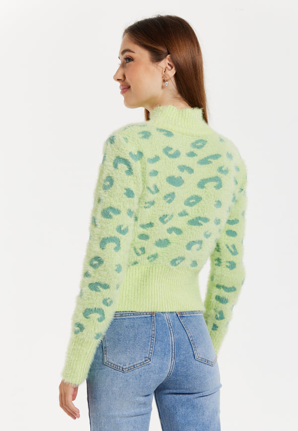 Liquorish Women's Jumper In Green With Fluffy Texture Leopard Print Turtle Neck And Long Sleeves - Regular Fit