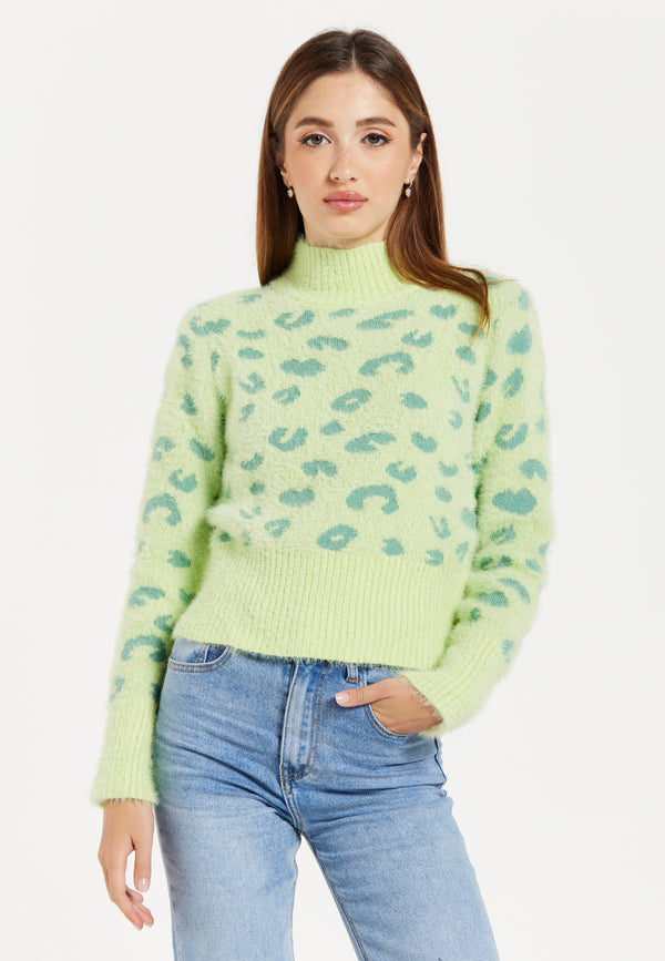 Liquorish Women's Jumper in Green with Fluffy Texture Leopard Print Turtle Neck and Long Sleeves - Regular Fit