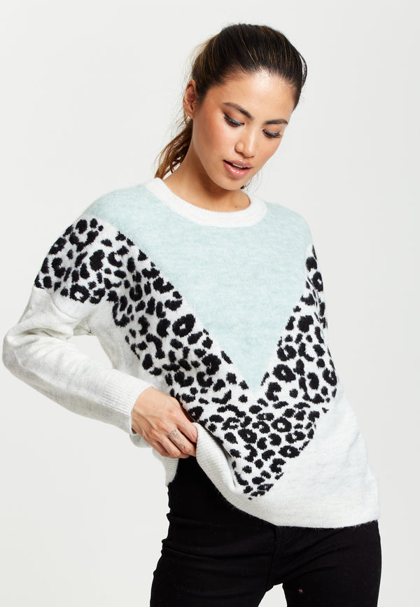 Liquorish Women's Jumper In Mint & White With Animal Print Long Sleeves Layered Design By Liquorish
