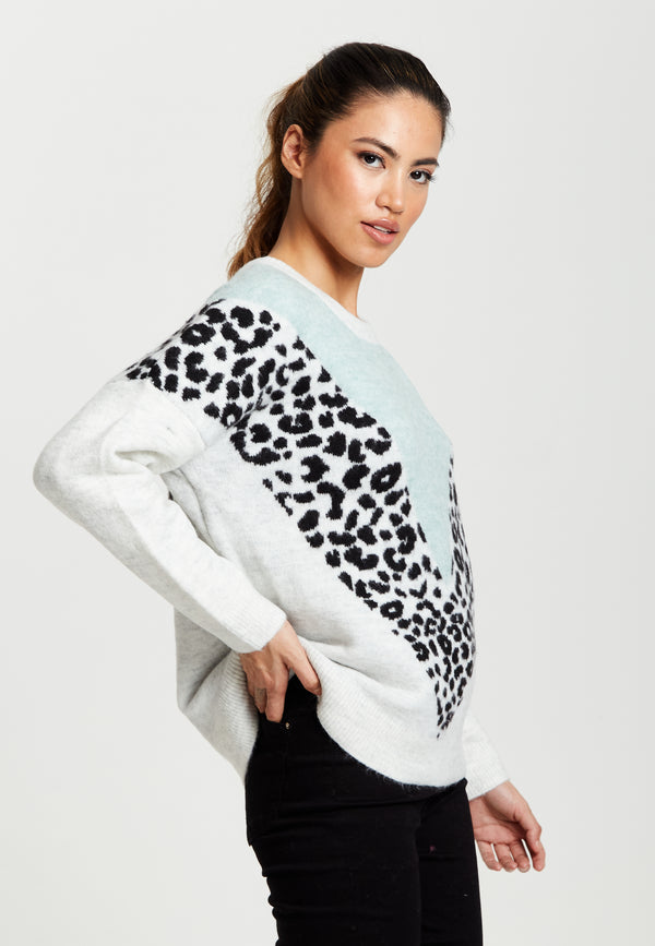 Liquorish Women's Jumper In Mint & White With Animal Print Long Sleeves Layered Design By Liquorish