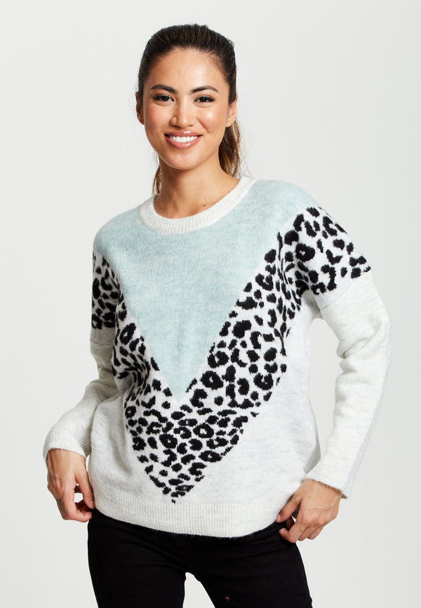 Liquorish Women's Jumper in Mint & White with Animal Print Long Sleeves Layered Design by Liquorish