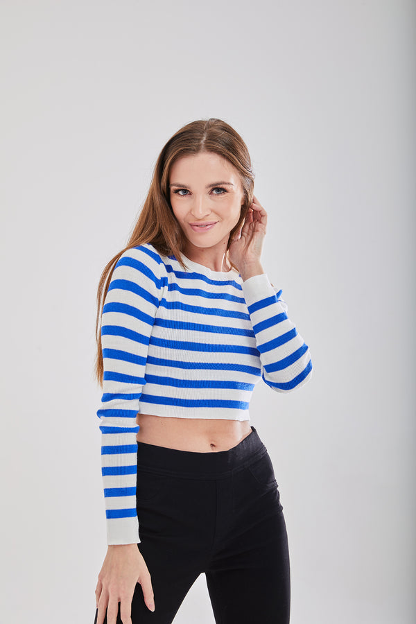 Liquorish Women's Jumper In Navy And White With Full Length Sleeves - Cropped Fit By Liquorish